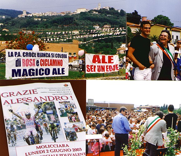 Collage fotografico di Castelnuovo Magra in festa per le vittorie di Alessandro Petacchi