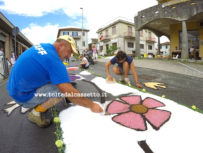 BRUGNATO (Infiorata del Corpus Domini 2023) - Stesura del sale sul tappeto floreale di Via Briniati