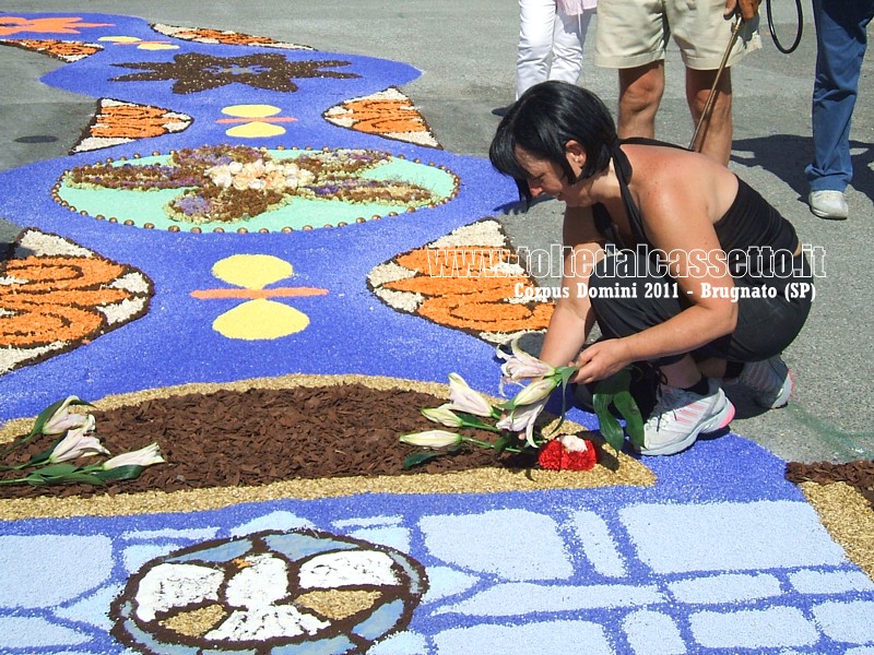 BRUGNATO (Infiorata del Corpus Domini 2011) - Un'infioratrice abbellisce il tappeto floreale con dei gigli