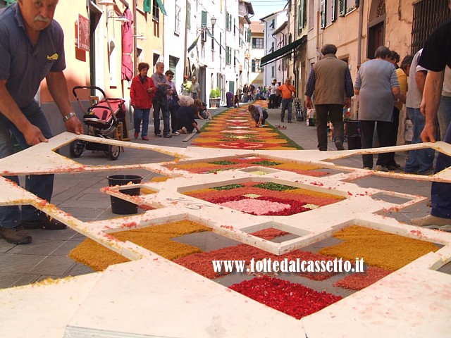 BRUGNATO (Infiorata del Corpus Domini 2013) - Alcuni infioratori sollevano la sagoma in legno che  servita per comporre i disegni geometrici del tappeto floreale nel Borgo San Bernardo