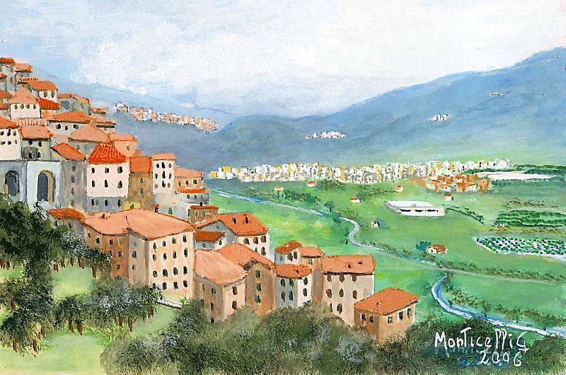 VEZZANO LIGURE - Il rione San Giorgio e la valle sottostante in un quadro di Giulio Monticelli