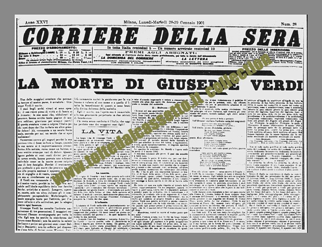 CORRIERE DELLA SERA del 28/29 gennaio 1901 -  Prima pagina listata a lutto per la morte di Giuseppe Verdi che, gravemente ammalato, si  spento a Milano la mattina del 27...