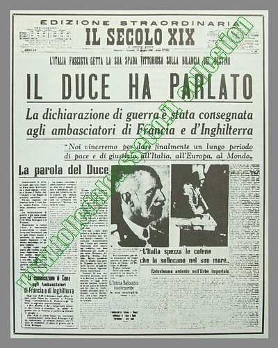 IL SECOLO XIX del 10 giugno 1940 (Edizione straordinaria) - Mussolini parla da Palazzo Venezia dichiarando guerra a Francia e Inghilterra