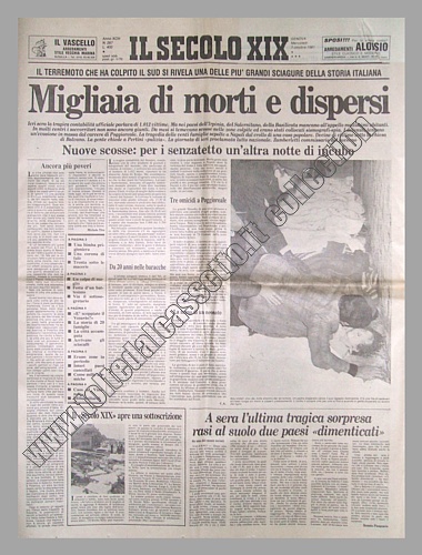 IL SECOLO XIX del 25 novembre 1980 - Il terremoto che ha colpito il Sud si rivela come la pi grande sciagura della storia italiana. Migliaia sono i morti e i dispersi...