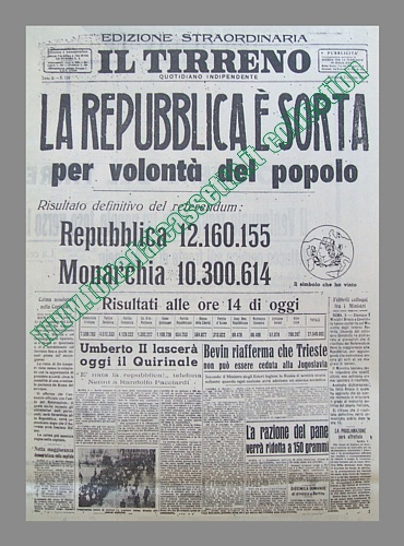 IL TIRRENO del 5 giugno 1946 - Edizione straordinaria con i risultati del referendum che sancir la nascita della Repubblica Italiana