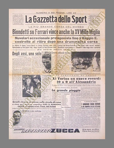 LA GAZZETTA DELLO SPORT del 3 maggio 1948 - Clemente Biondetti, forse il pi grande stradista di tutti i tempi, vince su Ferrari la XV Mille Miglia