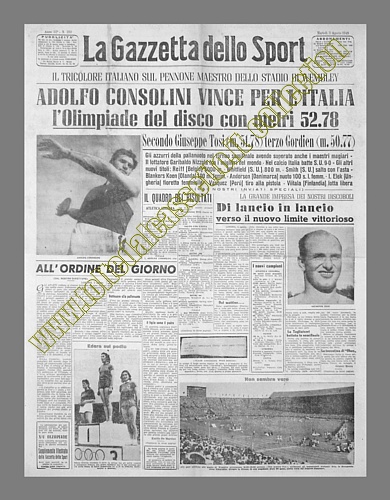 LA GAZZETTA DELLO SPORT del 3 agosto 1948 - Adolfo Consolini  medaglia d'oro nel lancio del disco alla XIV Olimpiade di Londra. Secondo l'altro italiano in gara, Giuseppe Tosi