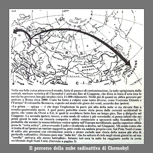 LA NAZIONE del 6 maggio 1986 - Un disegno illustra il probabile tragitto compiuto dalla nube atomica di Chernobyl. Nella sua pericolosa corsa attraverso il mondo  arrivata fino in Giappone (11.000 Km di distanza)