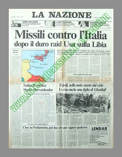 LA NAZIONE del 16 aprile 1986 - Dopo il duro raid Usa, dalla Libia partono missili contro l'Italia che, fortunatamente, cadono in mare prima di raggiungere l'isola di Lampedusa...