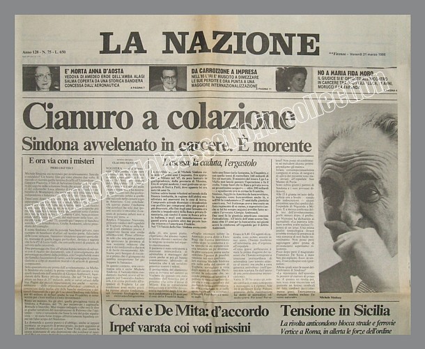 LA NAZIONE del 21 marzo 1986 - Michele Sindona  morente dopo essere stato avvelenato in carcere