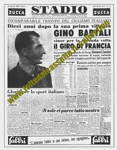 STADIO del 26 luglio 1948 - Gino Bartali vince per la seconda volta il Tour de France, dieci anni dopo il suo primo successo