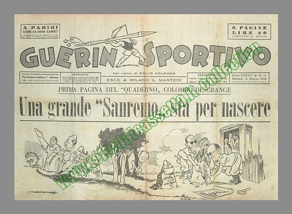 GUERIN SPORTIVO del 16 marzo 1948 - Presentazione della 39 Milano-Sanremo. Sta per nascere una grande corsa collegata al challenge "Desgrange-Colombo"