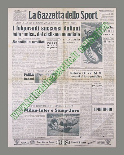 LA GAZZETTA DELLO SPORT del 2 settembre 1953 - Lugano: i folgoranti successi italiani fatto "unico" del ciclismo mondiale