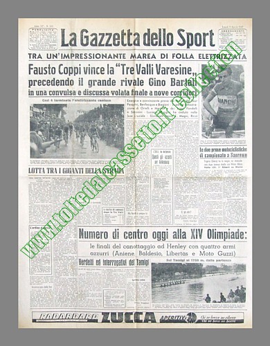 LA GAZZETTA DELLO SPORT del 9 agosto 1948 - In un convulso finale, Fausto Coppi vince la "Tre Valli Varesine" battendo in volata Gino Bartali