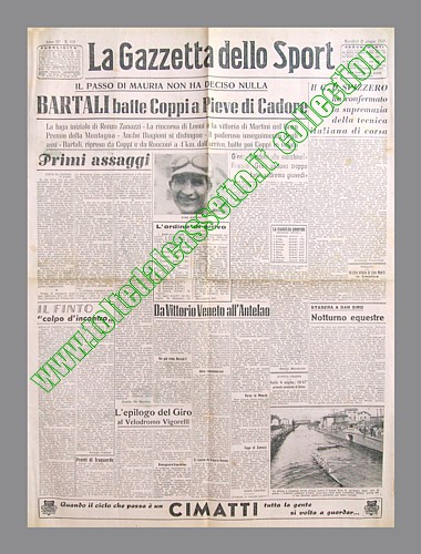 LA GAZZETTA DELLO SPORT dell'11 giugno 1947 - Fausto Coppi viene battuto da Gino Bartali a Pieve di Cadore (tappa del 30 Giro d'Italia)