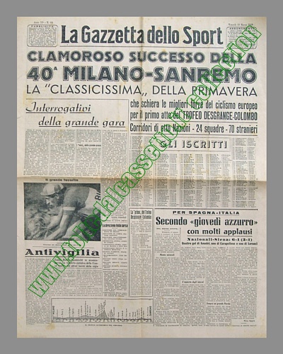 LA GAZZETTA DELLO SPORT del 18 marzo 1949 - Presentazione della 40 Milano-Sanremo che verr poi vinta dal grande favorito Fausto Coppi, al terzo successo nella classicissima di primavera