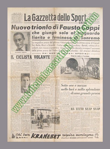 LA GAZZETTA DELLO SPORT del 20 marzo 1948 - Nuovo trionfo di Fausto Coppi che giunge solo sul traguardo della 39a Milano-Sanremo