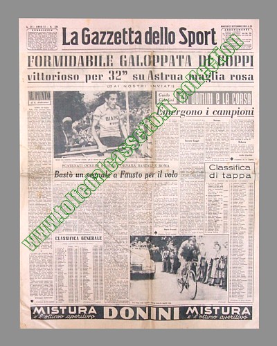 LA GAZZETTA DELLO SPORT del 23 maggio 1952 - Al 35 Giro d'Italia Fausto Coppi vince la tappa a cronometro Roma-Rocca di Papa con 32" di vantaggio su Astrua che veste la maglia rosa