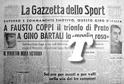 LA GAZZETTA DELLO SPORT del 28 maggio 1947 - Al 30 Giro d'Italia Fausto Coppi vince in volata la tappa Reggio Emilia - Prato. Gino Bartali indossa la maglia rosa