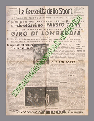 LA GAZZETTA DELLO SPORT del 28 ottobre 1946 - Fausto Coppi vince il 40 Giro di Lombardia. E' la prima volta che si impone nella classicissima d'autunno