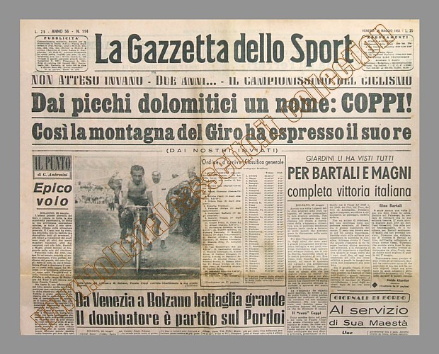 LA GAZZETTA DELLO SPORT del 30 maggio 1952 - Al 35 Giro d'Italia Fausto Coppi vince la tappa Venezia-Bolzano con un epico volo iniziato sul Pordoi