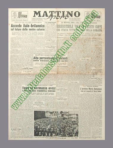 MATTINO SPORT del 9 maggio 1949 - Fausto Coppi vince in solitaria il Giro della Romagna. Al secondo posto Fiorenzo Magni con un ritardo di 3'50"