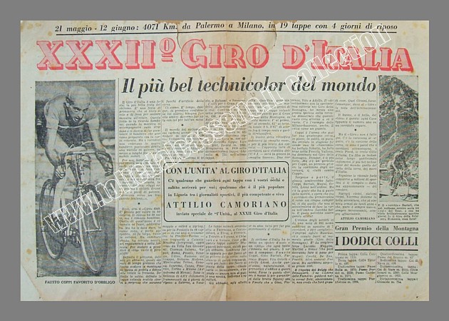 L'UNITA' del 19 maggio 1949 - Supplemento per la presentazione del 32 Giro d'Italia, il pi bel tecnicolor del mondo. Da Palermo a Milano in 19 tappe per complessivi 4071 km