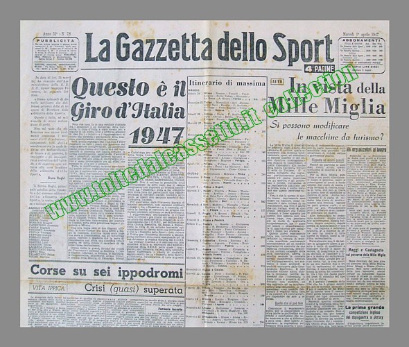 LA GAZZETTA DELLO SPORT del 1 aprile 1947 - Presentazione del Giro d'Italia 1947 di ciclismo (itinerario di massima)
