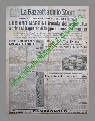 LA GAZZETTA DELLO SPORT del 27 maggio 1947 - Al 30 Giro d'Italia Luciano Maggini, esordiente freccia della Benotto, vince la terza tappa con arrivo a Reggio Emilia