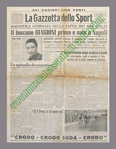 LA GAZZETTA DELLO SPORT del 27 maggio 1949 - Bella impresa di Serafino Biagioni che al 32 Giro d'Italia va in fuga da solo e si aggiudica la tappa Salerno-Napoli