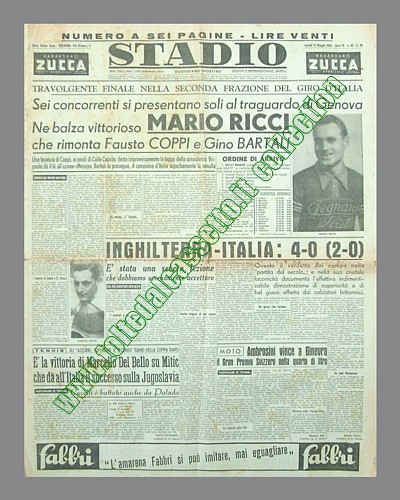 STADIO del 17 maggio 1948 - al 31 Giro d'Italia Mario Ricci vince la seconda tappa (Torino-Genova) battendo in volata Coppi e Bartali