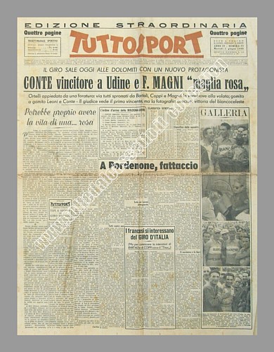 TUTTOSPORT (edizione straordinaria) del 1 giugno 1948 - Al 31 Giro d'Italia Oreste Conte (Bianchi) vince la tappa Bologna-Udine