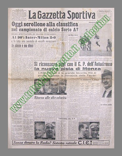 LA GAZZETTA SPORTIVA del 17 ottobre 1948 - Alfa Romeo favorita sulla nuova pista dell'Autodromo di Monza che riapre dopo le vicende della II Guerra Mondiale...