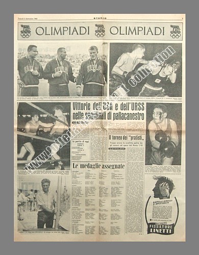 STADIO del 2 settembre 1960 - Alle Olimpiadi di Roma, per la prima volta nella storia dei giochi, tre atleti della stessa nazione salgono sul podio contemporaneamente. L'impresa  realizzata dai pesisti USA Nieder (1) - O'Brien (2) e Long (3)