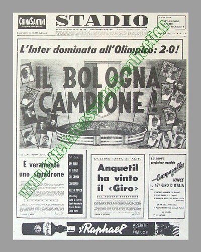 STADIO dell'8 giugno 1964 - Nello spareggio allo stadio Olimpico di Roma il Bologna batte l'Inter 2-0 e vince lo scudetto 1963-'64