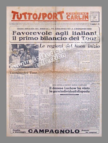 TUTTOSPORT (Edizione Carlin del 19 luglio 1950 - Favorevole agli italiani il primo bilancio del 37 Tour de France
