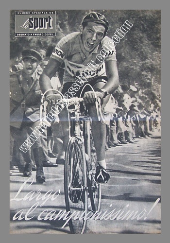 LO SPORT del 5 novembre 1953 - Una foto di un grintoso Fausto Coppi viene accompagnata dalla dicitura "Largo al campionissimo"
