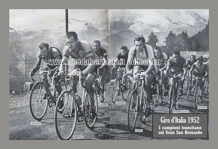 GINO BARTALI  guida il gruppo dei campioni sul Gran San Bernardo al Giro d'Italia 1952. Si riconoscono: Astrua, Coppi, Kubler, Koblet, Clerici, Rossello, Magni, Ockers e Close