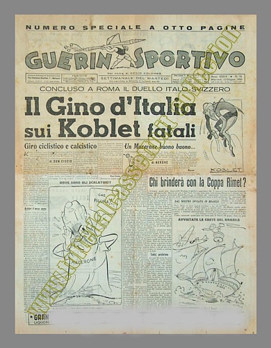 GUERIN SPORTIVO del 13 giugno 1950 - Con la solita vena ironica si titola su Gino Bartali che  arrivato secondo al Giro d'Italia dietro a Hugo Koblet