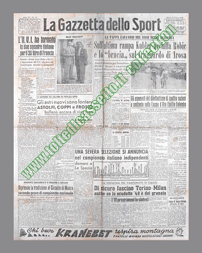 LA GAZZETTA DELLO SPORT del 19 giugno 1948 - Al Giro della Svizzera, nella tappa di Arosa, Kubler acciuffa Robic sull'ultima rampa e lo "brucia" in volata...