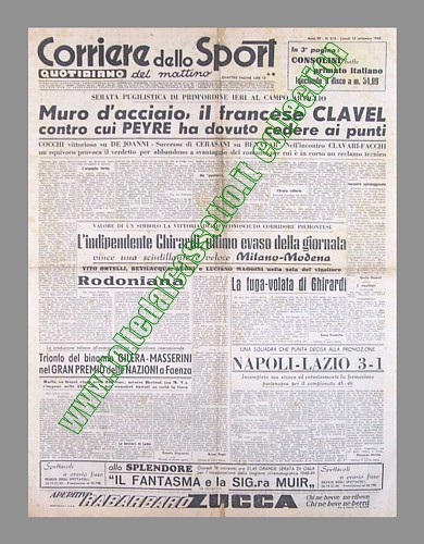 CORRIERE DELLO SPORT del 13 settembre 1948 - Nella serata pugilistica internazionale al Campo Artiglio di Roma Egisto Peyre  sconfitto ai punti dal francese Emanuel Clavel